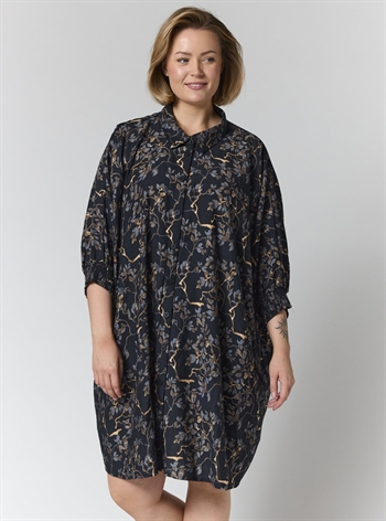 Gozzip - Gerda Oversize Skjorte/Tunika, Sort med Grå/Brune Blomster